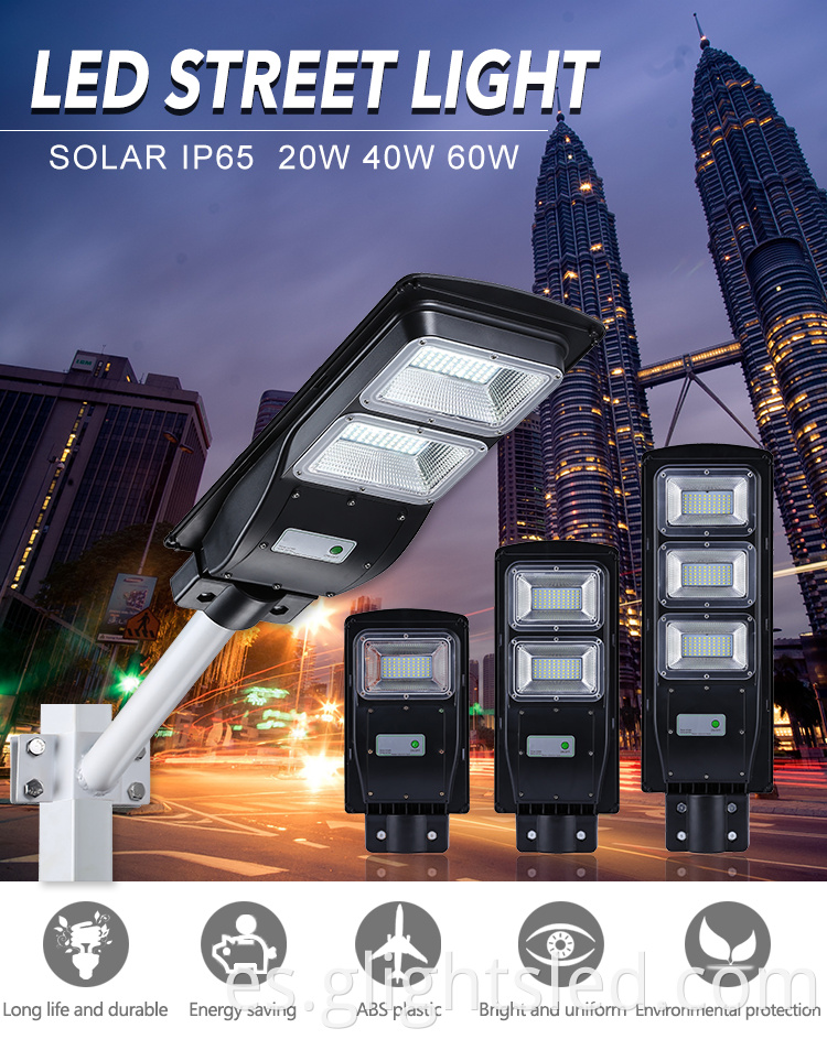 Suministro de fábrica IP65 impermeable SMD 20w 40w 60w todo en una luz de calle llevada solar